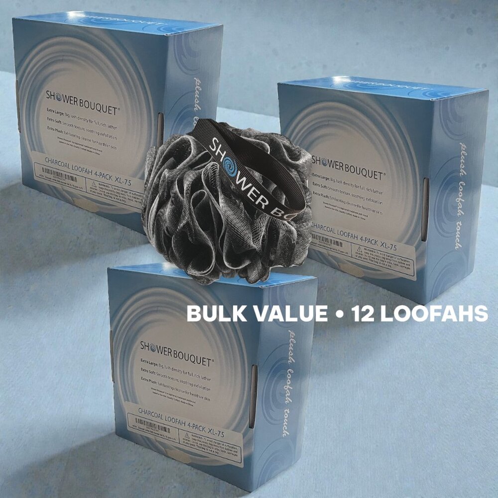 Shower Bouquet XL Charcoal Loofah Set (12 Pack) | Bulk Wholesale Bundle